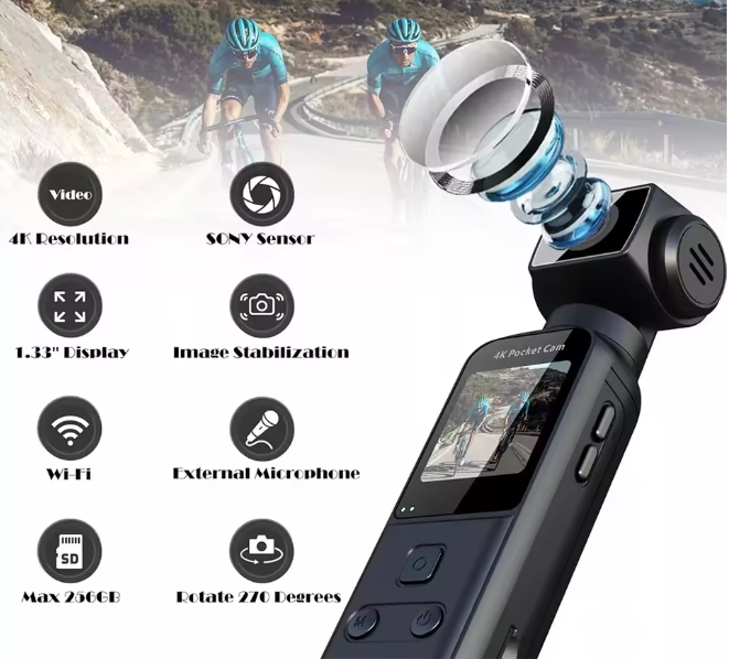 4k Action Camera, 1.3in HD Screen WiFi Vlogging Camera with 4K/30FPS Video, Anti Shaking, 270° Rotating Lens & Mic, Waterproof Outdoor Digital Camera, Body Camera for Photography