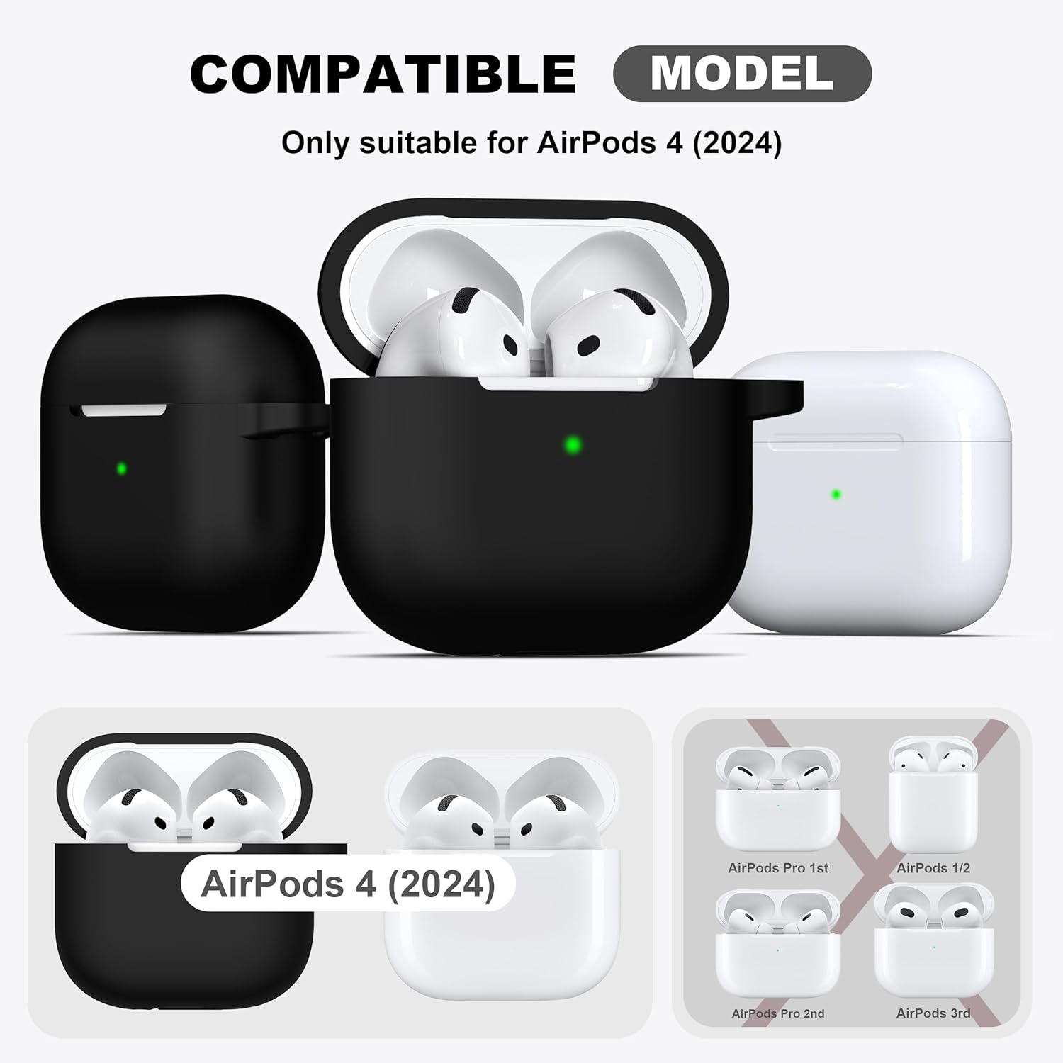 AirPods 4 Case Cover - Soft Skin Silicone Case with Keychain Hole (Black)