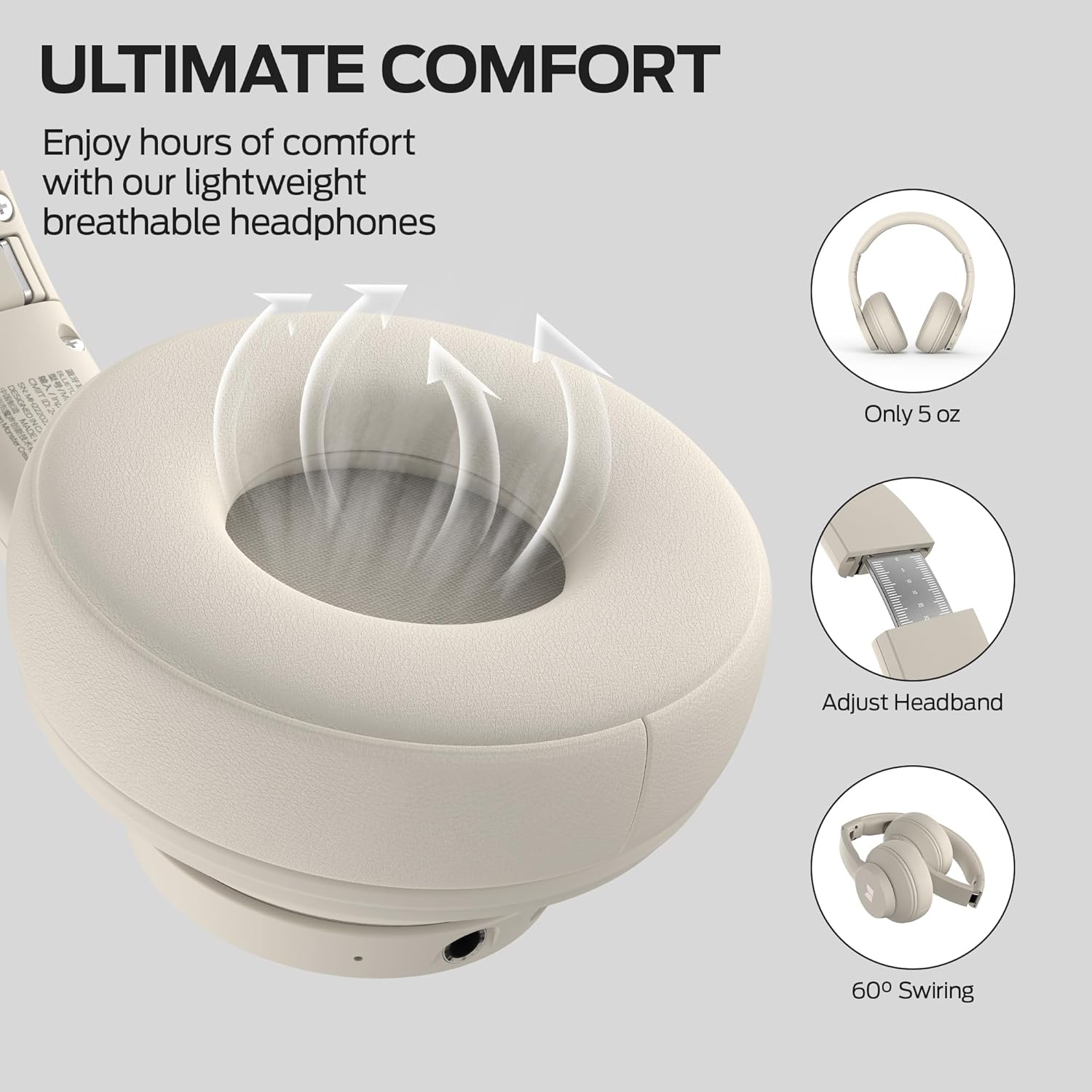 Monster Mission 100 Bluetooth Headphones, On Ear Headphones with Immersive Bass, Crystal Clear Call, 40H Playtime, Bluetooth 5.4, Comfortable Fit Wireless Headset for Travel Work (Beige)