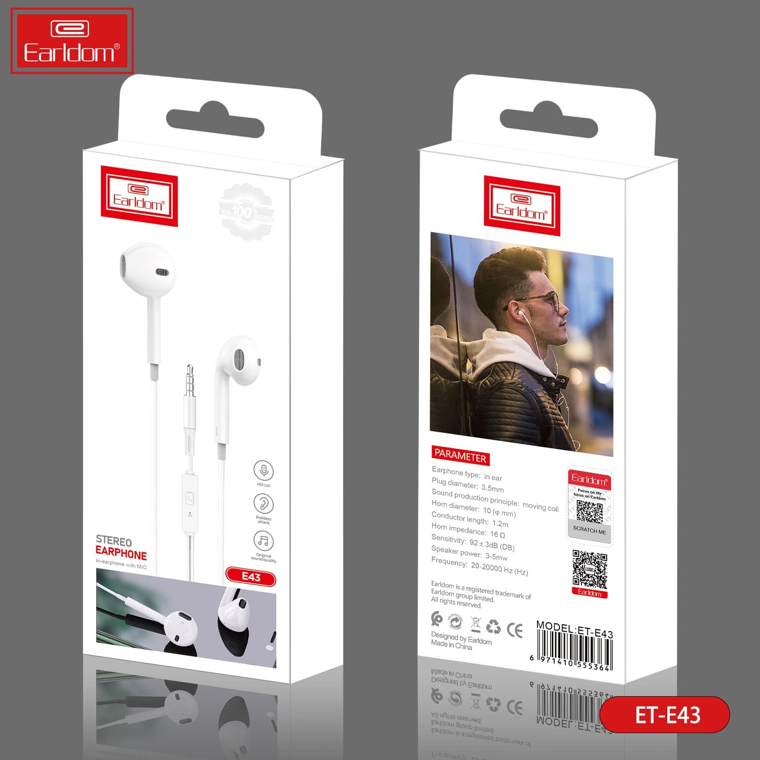 Earldom et-e43 wired stereo earphone with mic - white