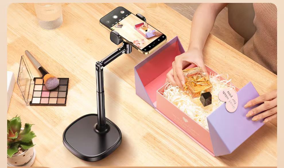 Phone Holder 360° Rotatable Live Broadcast Bracket Height Adjustable Desktop Mobile Phone Stand for iPhone Samsung Phone Holder