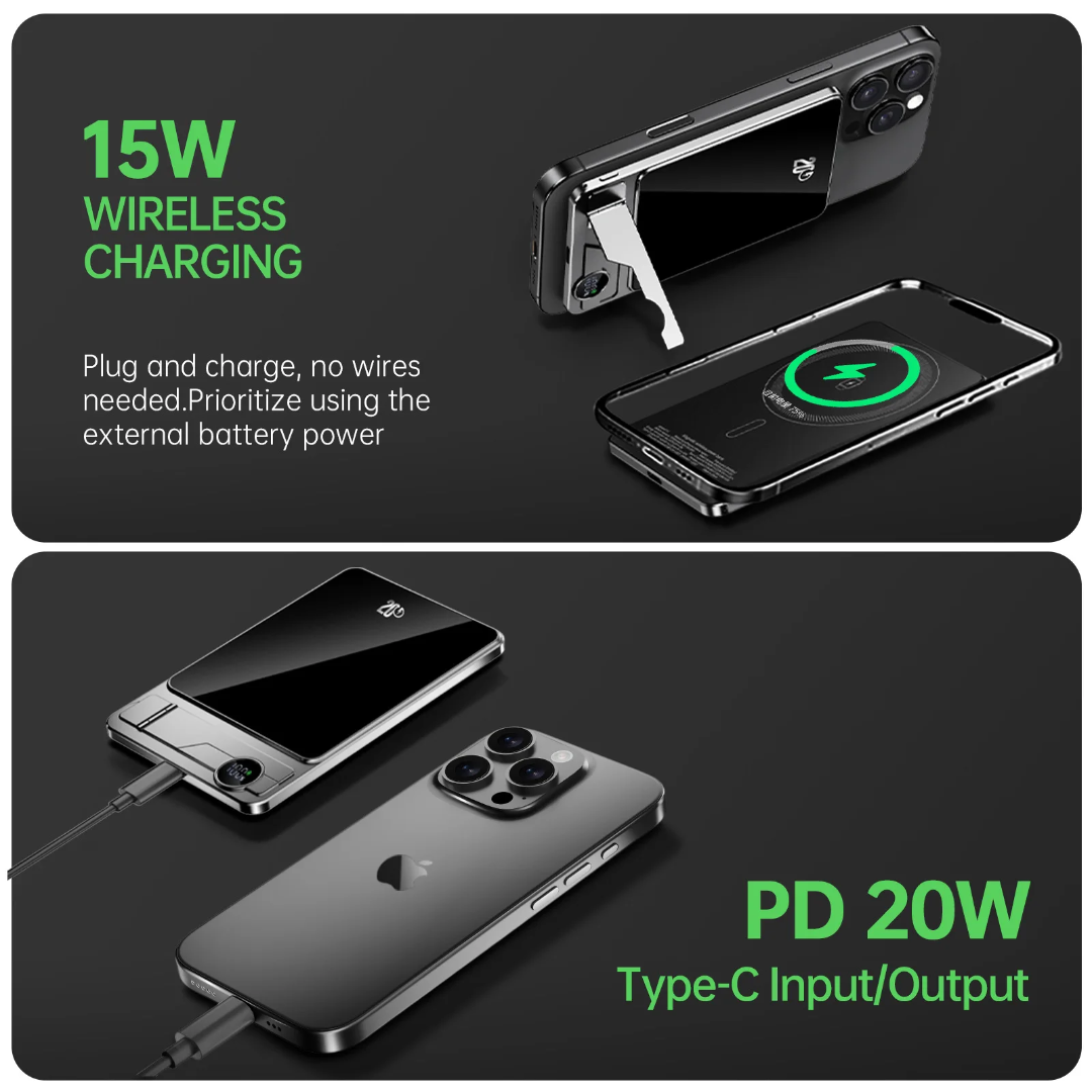 Magnetic Power Bank 10000mAh, Wireless Fast Charging Portable Charger, Foldable Stand Slim Power Bank,for Apple Watch,Mini Battery Pack Compatible for iPhone 12/13/14 Plus/Mini Series (Black)
