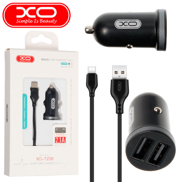 XO TZ08 car Fast charger 2x USB 2,1A + USB-C cable iphone 15 16 pro max samsung oppo vivo