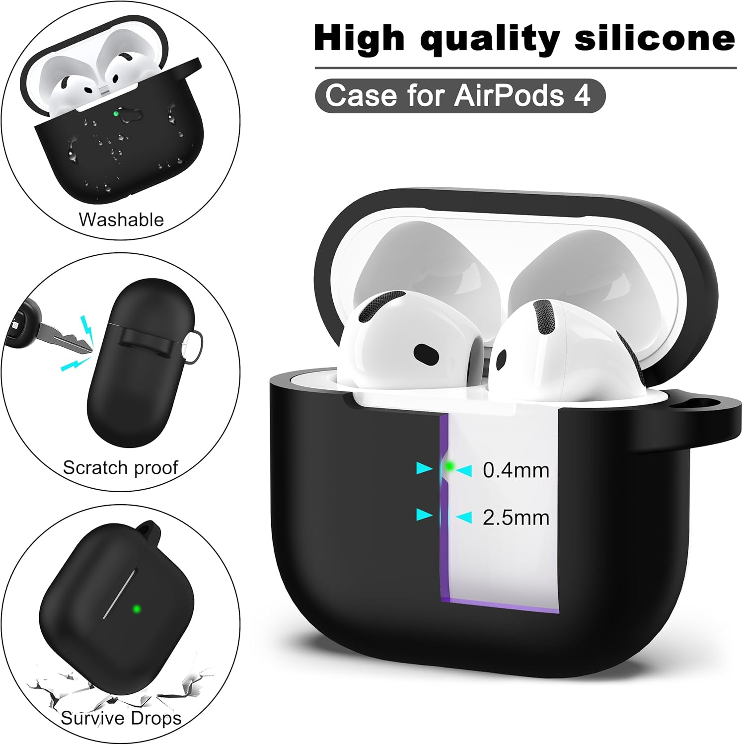 AirPods 4 Case Cover - Soft Skin Silicone Case with Keychain Hole (Black)
