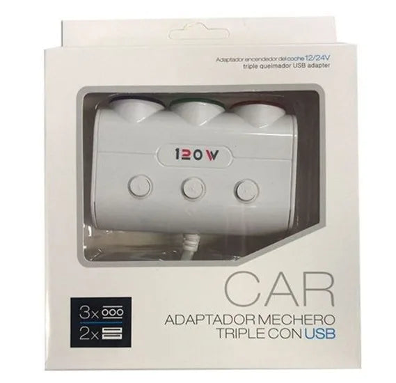 3 Way Cigarette Socket Splitter with USB Ports