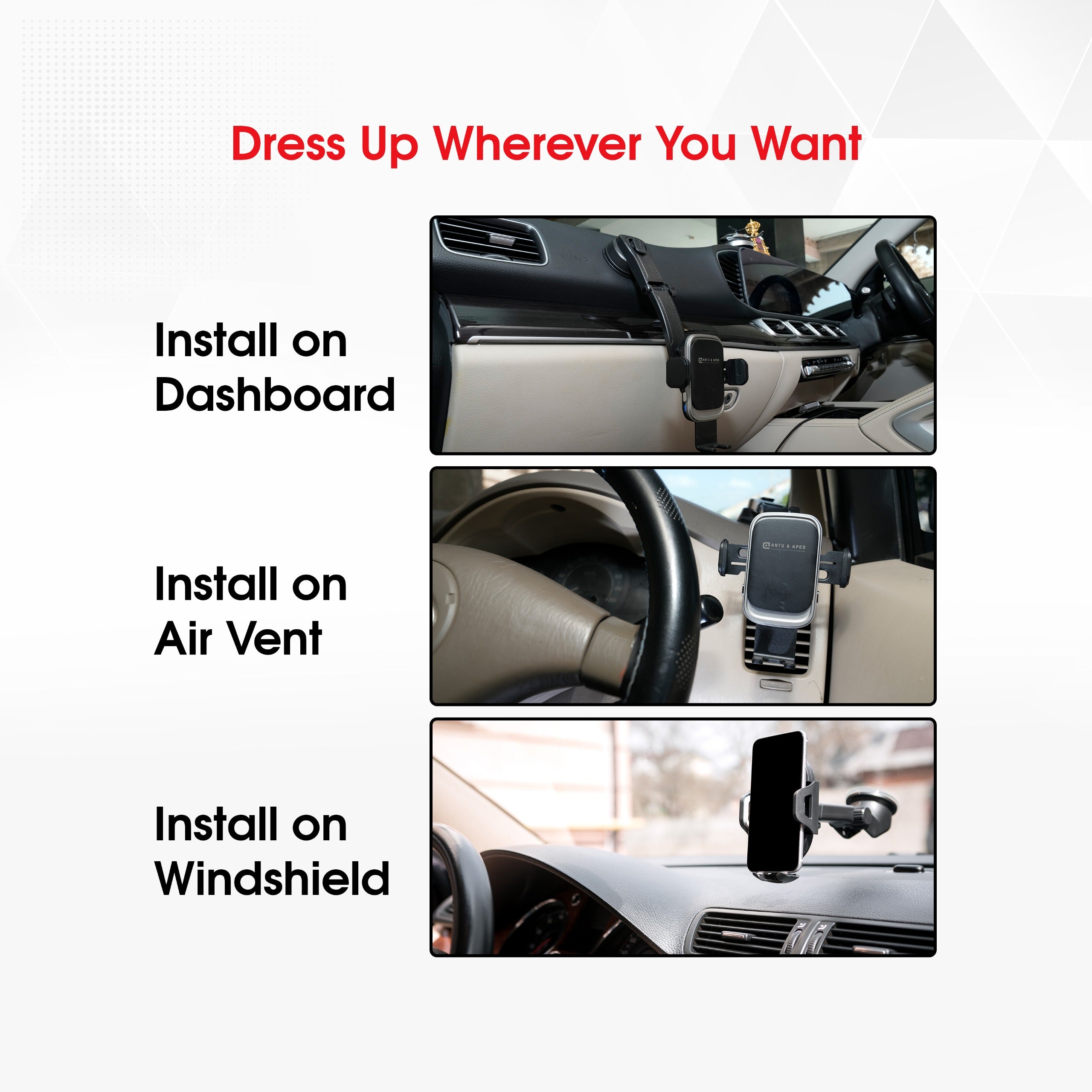 Ants & Apes DYNA-GRIP 15W QI Premium Qi Car Wireless charging Mount Vent Dashboard Windscreen Secure Cell Phone Holder Rotatable Swing 360 Degree Phone Holder for iPhone x xs 11 12 13 14 15 16 pro max Samsung s20 s21 s22 s23 s24 Fe Plus Ultra