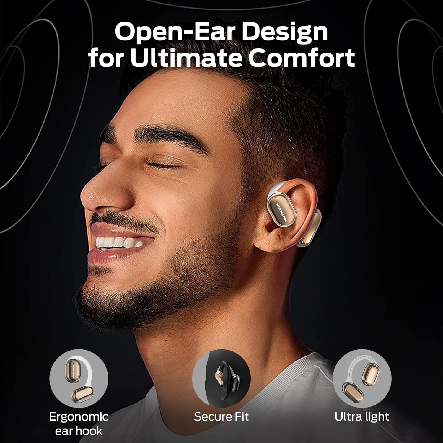 Monster Open Free AC100 Open Ear Headphones, Bluetooth 5.3 Wireless Headphones with Earhooks, Immersive Stereo Sound by Dual Large Driver, Clear Talk, 30H Playtime,Waterproof Sport Earbuds for Running - Gold