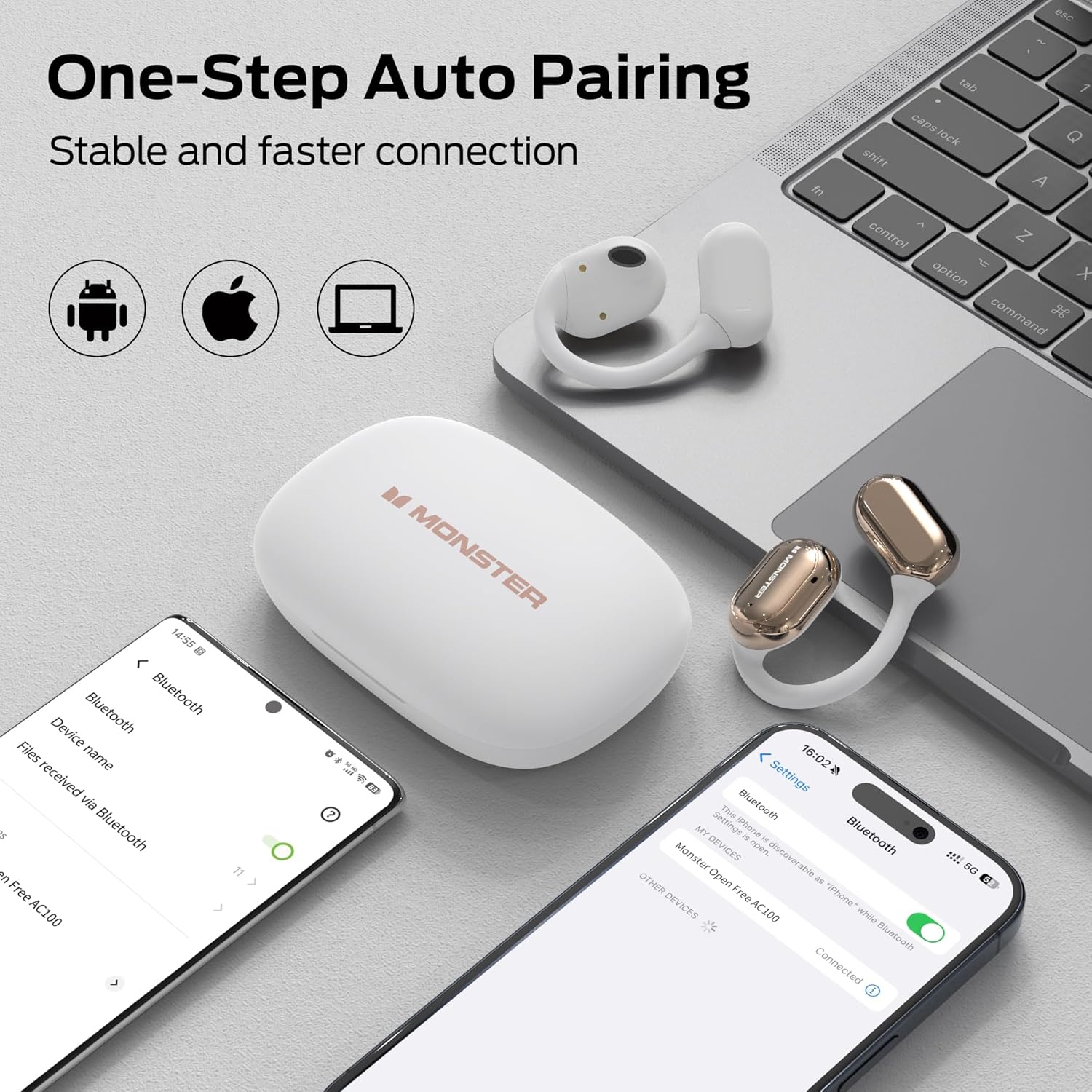 Monster Open Free AC100 Open Ear Headphones, Bluetooth 5.3 Wireless Headphones with Earhooks, Immersive Stereo Sound by Dual Large Driver, Clear Talk, 30H Playtime,Waterproof Sport Earbuds for Running - Gold