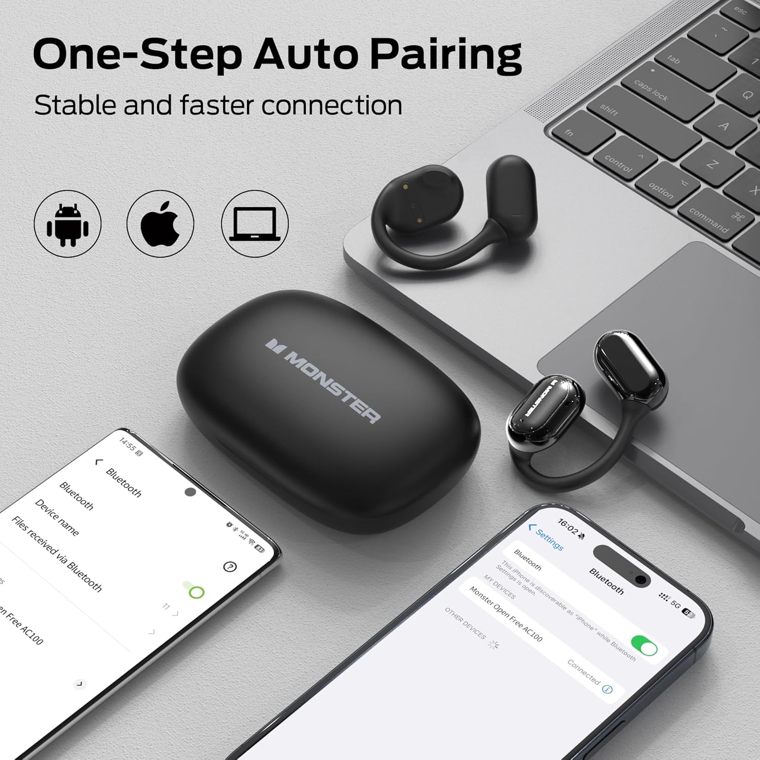 Monster Open Free AC100 Open Ear Headphones, Bluetooth 5.3 Wireless Headphones with Earhooks, Immersive Stereo Sound by Dual Large Driver, Clear Talk, 30H Playtime,Waterproof Sport Earbuds for Running