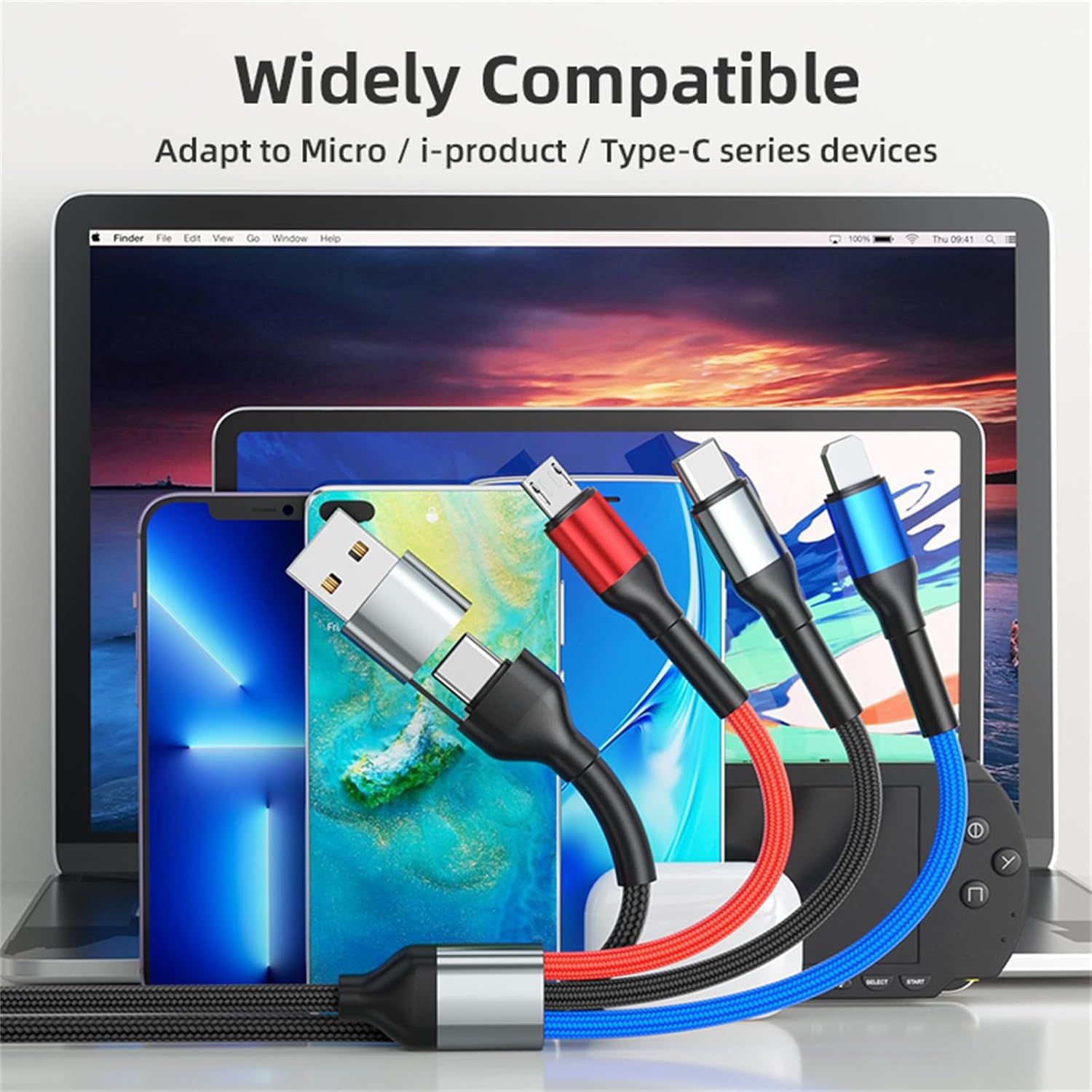 5-in-1 Multi Charger Cable 200W – USB-C & USB-A to Type-C / iPhone / Micro USB (Black) | Fast Charging