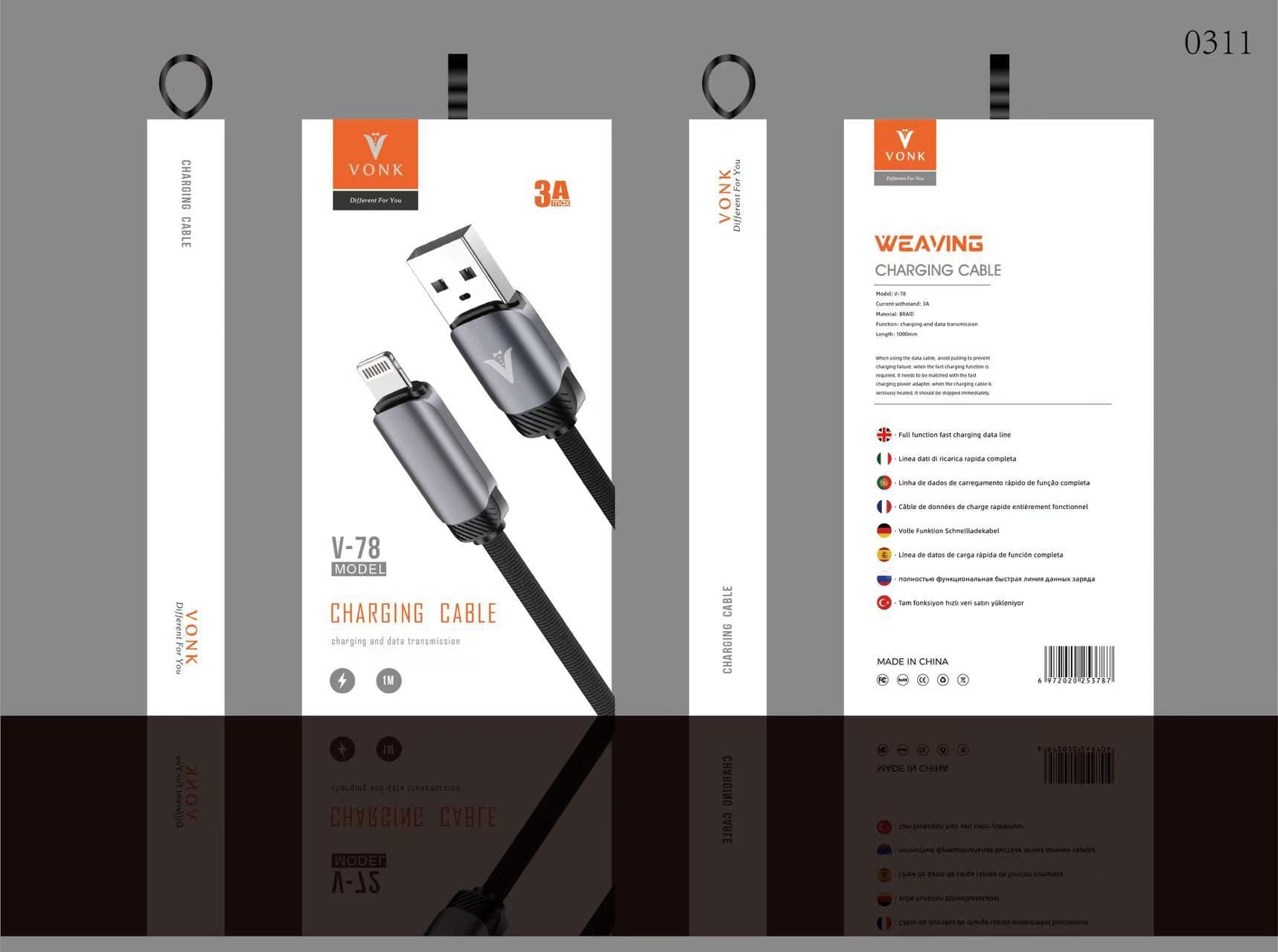 USB to Lightning Charging Cable 1m – Braided, 3A Fast Charge, Durable & Tangle-Free V78