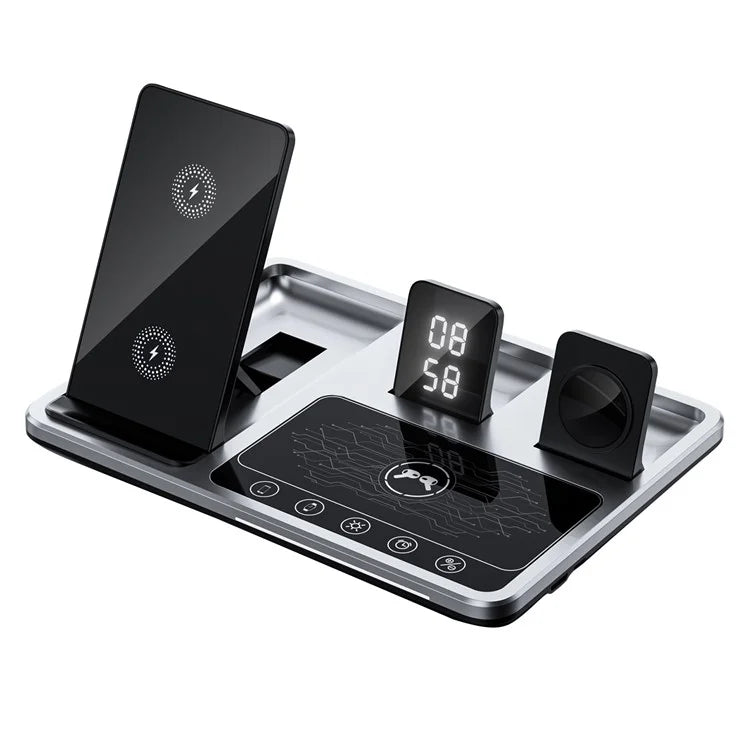 R11 Multifunctional 4 in 1 Wireless Charger Folding Portable Charging Station with Digital Display, White Light, Time Function ( Silver )