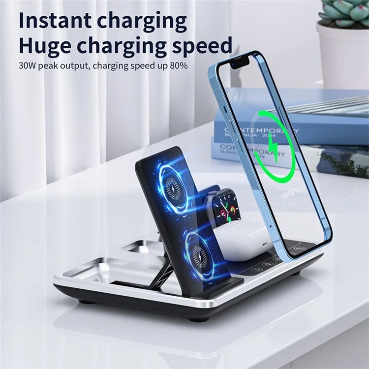 R11 Multifunctional 4 in 1 Wireless Charger Folding Portable Charging Station with Digital Display, White Light, Time Function ( Silver )