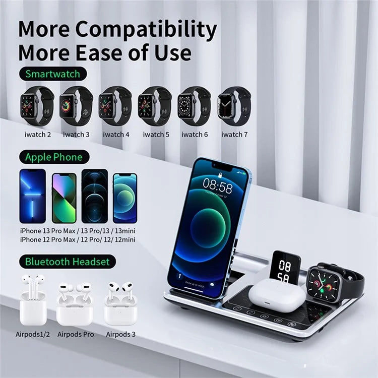 R11 Multifunctional 4 in 1 Wireless Charger Folding Portable Charging Station with Digital Display, White Light, Time Function ( Silver )