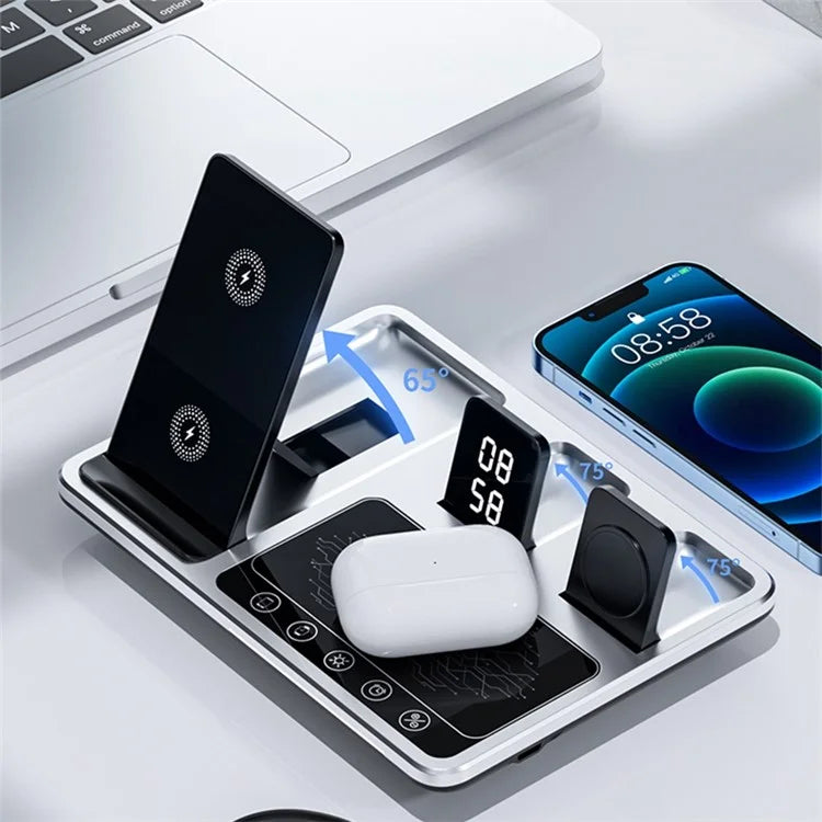 R11 Multifunctional 4 in 1 Wireless Charger Folding Portable Charging Station with Digital Display, White Light, Time Function ( Silver )