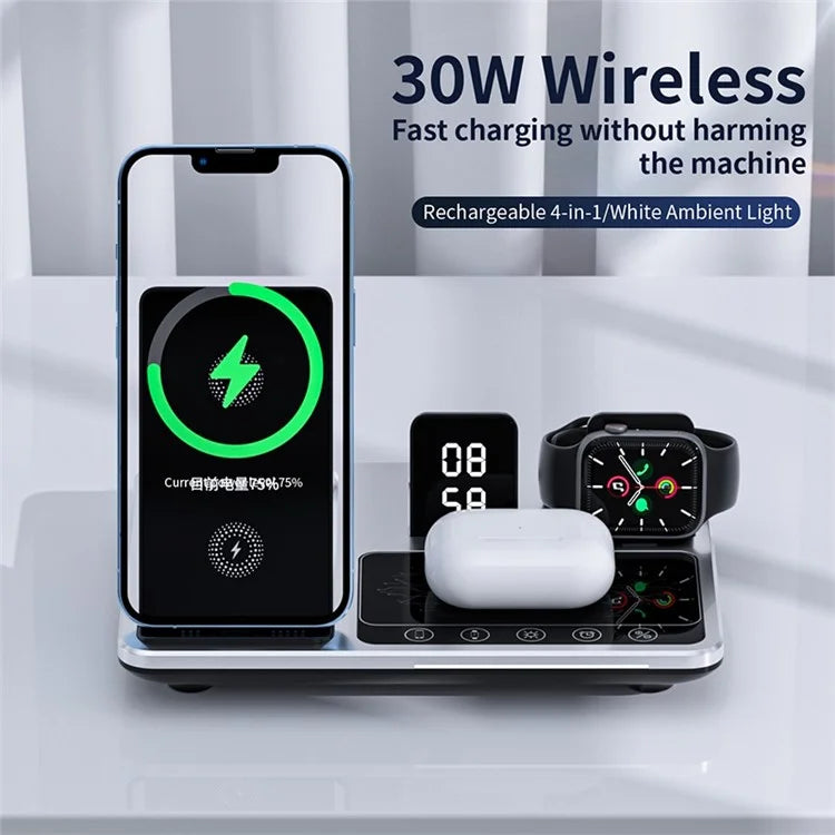 R11 Multifunctional 4 in 1 Wireless Charger Folding Portable Charging Station with Digital Display, White Light, Time Function ( Silver )