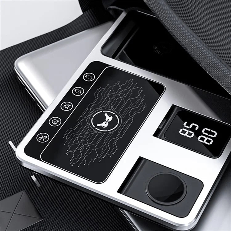 R11 Multifunctional 4 in 1 Wireless Charger Folding Portable Charging Station with Digital Display, White Light, Time Function ( Silver )