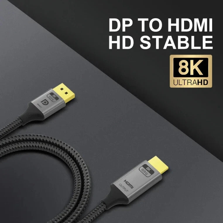 Displayport to HDMI 8K Cable (8K@60Hz,4K@120Hz,2K@144Hz), DP 1.4 to HDMI 2.1 Uni