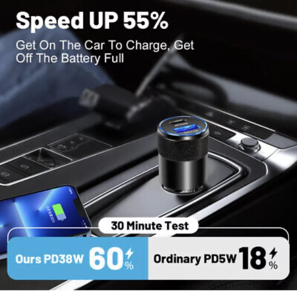 PBuddy Fast Dual Car Charger Usb A + Type C 38W Lightning Fast Charge