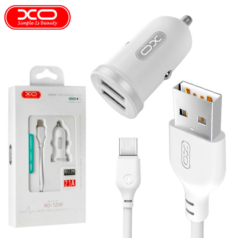 XO TZ08 car Fast charger 2x USB 2,1A + USB-C cable iphone 15 16 pro max samsung oppo vivo